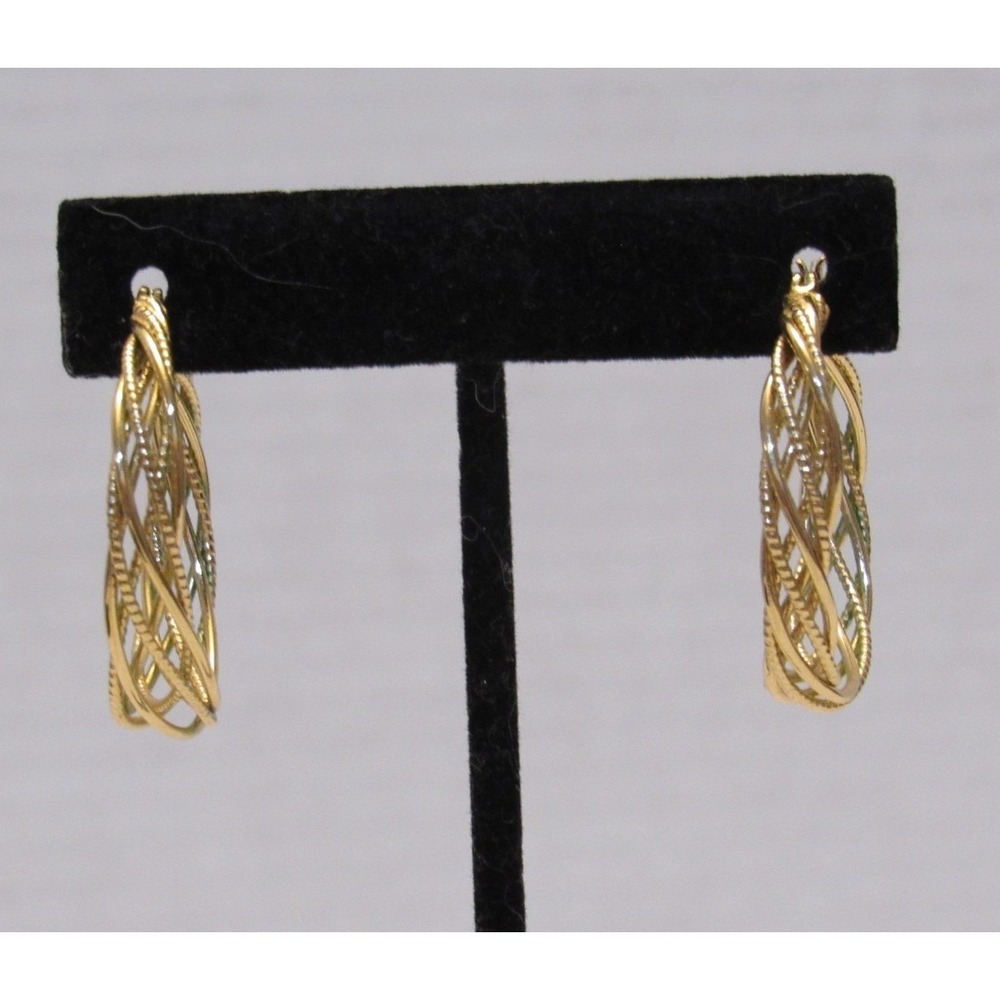Gold Tone Twisted Cage‎ Hoop Earrings Multi Strand Woven Textured Round 1.25"